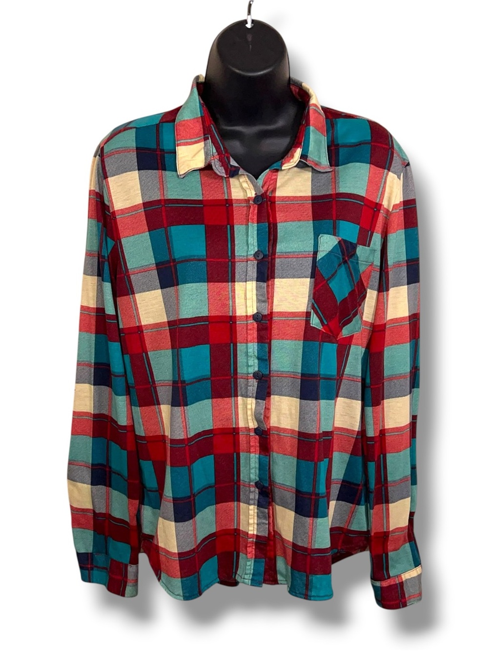 Juniors Large Passport Flannel Style Button Up Shirt Blue Teal Red Long Sleeve